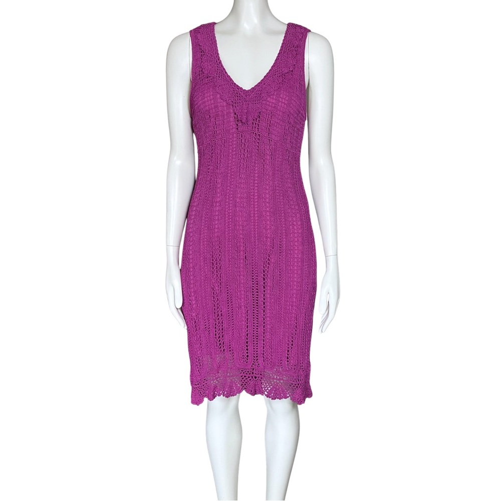 Vintage 90s Y2K Magenta Crochet Midi Dress. Medium. Cottagecore Festival Boho